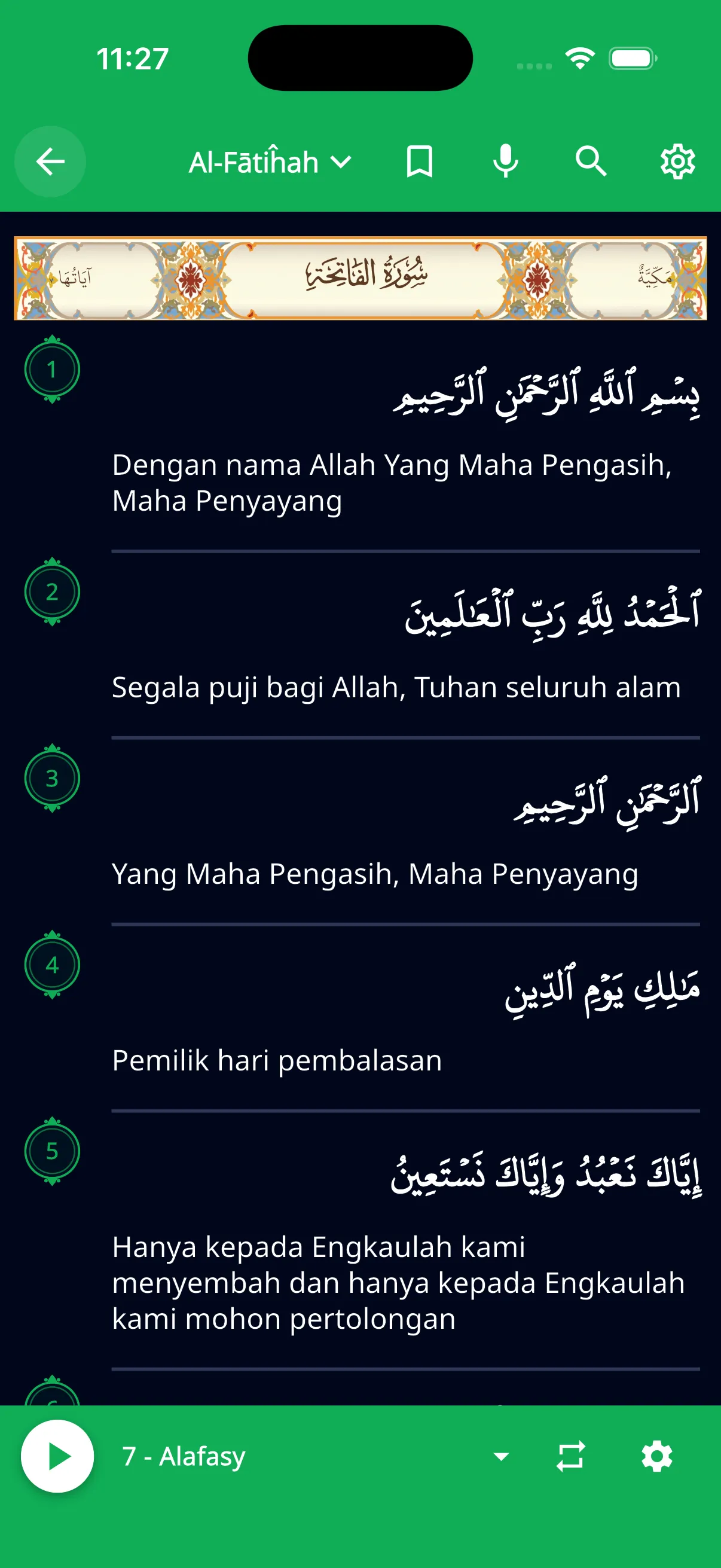 Bacaan Al-Fatihah mode Per Ayat di aplikasi Utluma